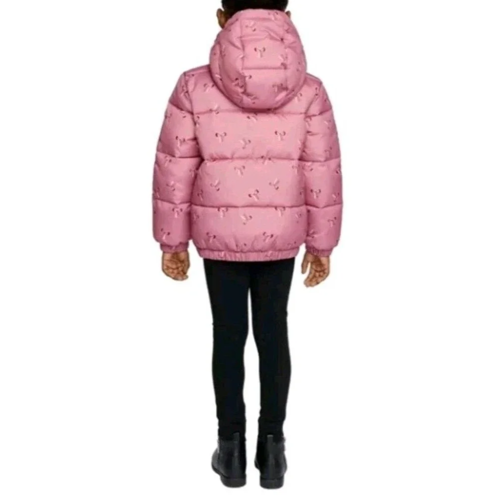 Miles the Label Kids Hooded Puffer Jacket Girls Water,‎ Pink with Bows, 4T NWT